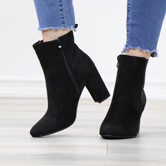 Black Suede Chelsea Block High Heel Above Ankle Boots - Picture 11 of 12